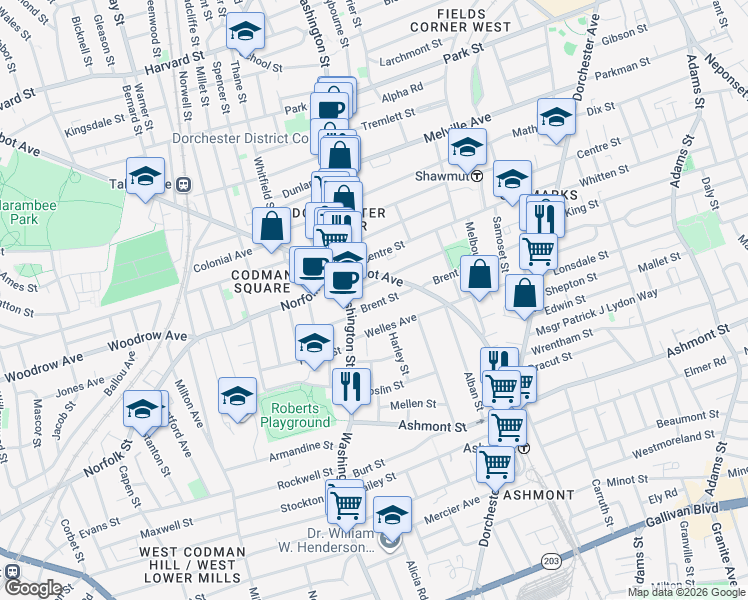 map of restaurants, bars, coffee shops, grocery stores, and more near 27 Lithgow Street in Boston