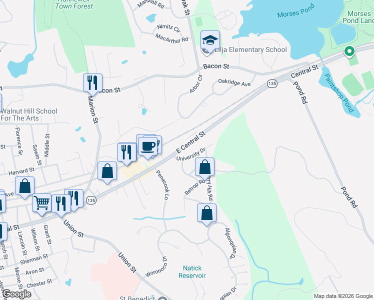 map of restaurants, bars, coffee shops, grocery stores, and more near 179 East Central Street in Natick
