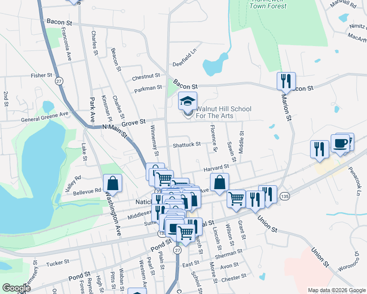 map of restaurants, bars, coffee shops, grocery stores, and more near 14 Shattuck Street in Natick