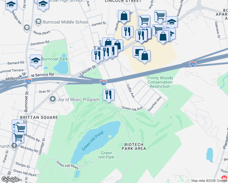 map of restaurants, bars, coffee shops, grocery stores, and more near 33 Marsh Avenue in Worcester