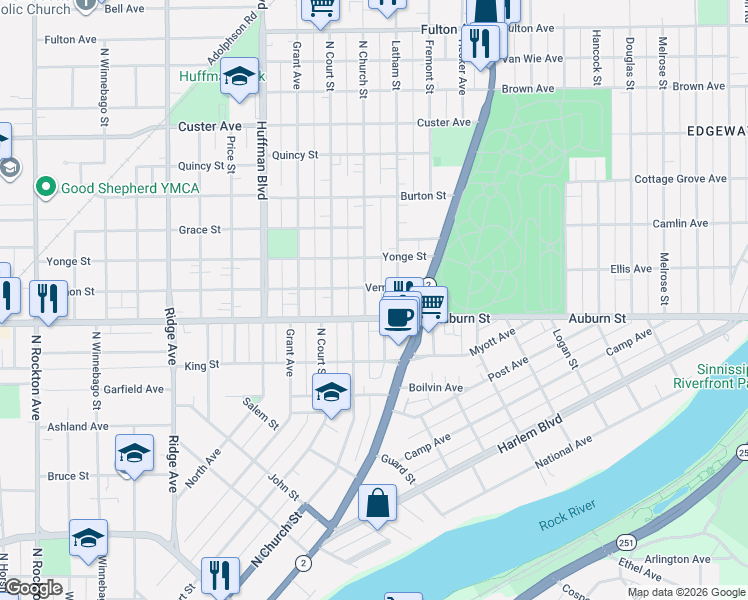 map of restaurants, bars, coffee shops, grocery stores, and more near 1418 Vernon Street in Rockford
