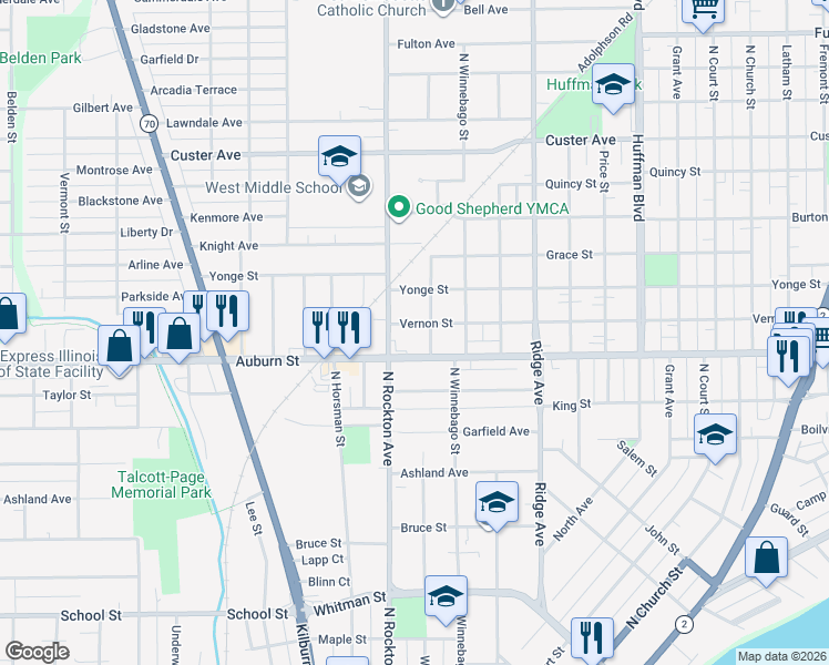 map of restaurants, bars, coffee shops, grocery stores, and more near 2401 Vernon Street in Rockford