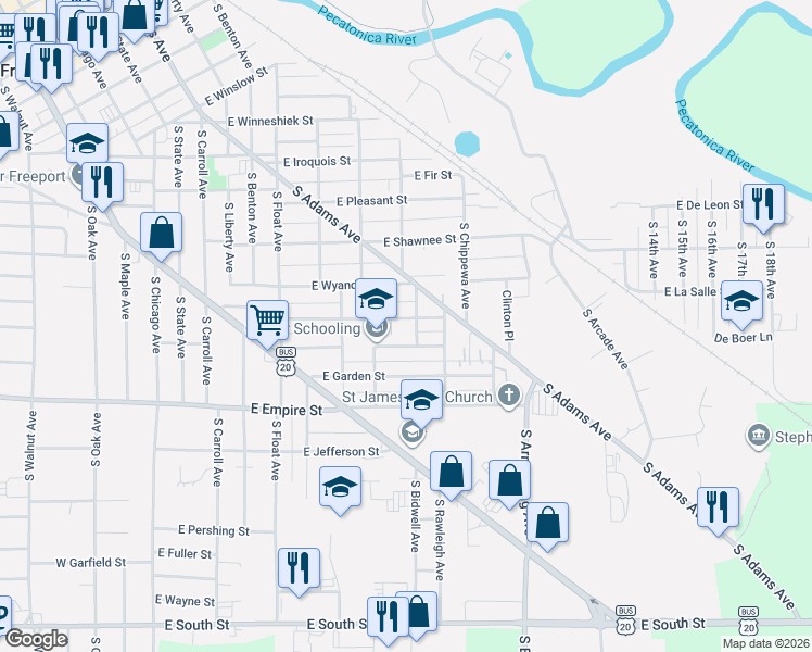 map of restaurants, bars, coffee shops, grocery stores, and more near 732 East Center Street in Freeport