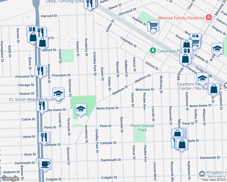 map of restaurants, bars, coffee shops, grocery stores, and more near 23034 Madison Street in Dearborn