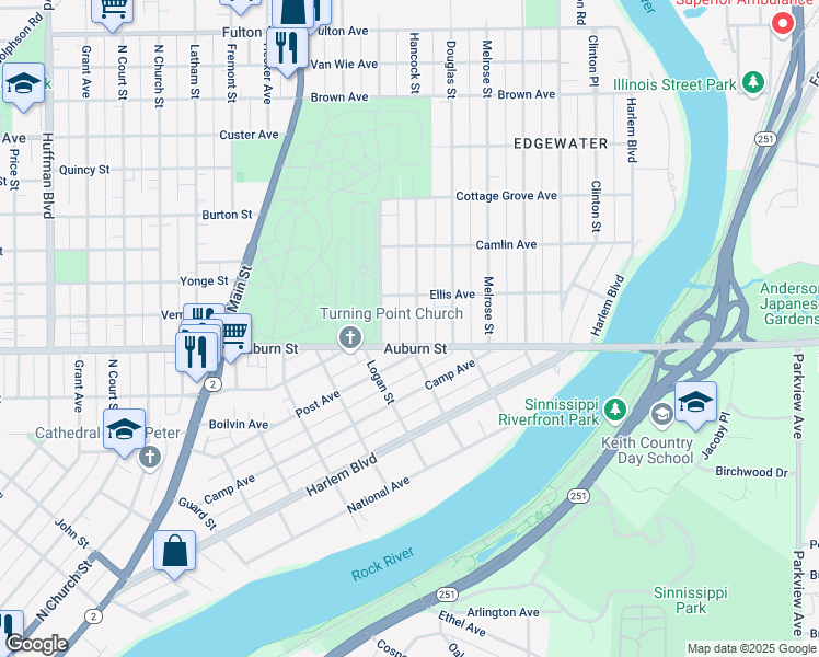map of restaurants, bars, coffee shops, grocery stores, and more near 1716 Hancock Street in Rockford
