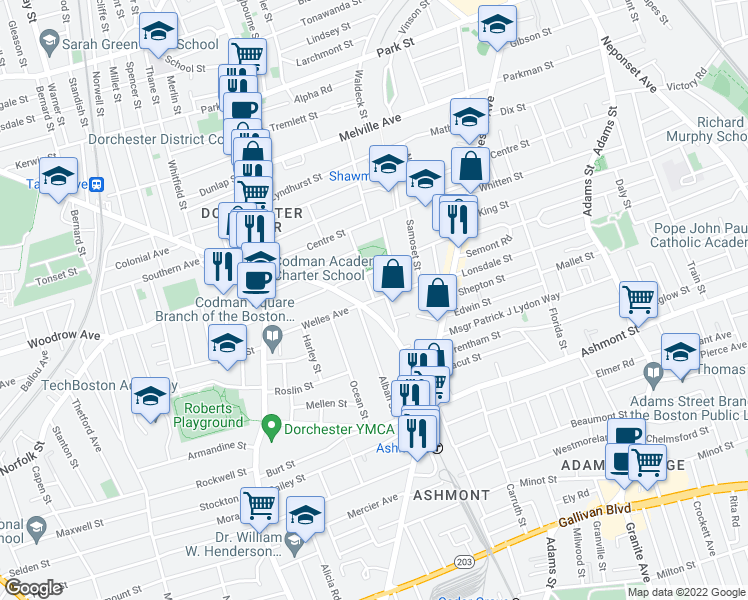 map of restaurants, bars, coffee shops, grocery stores, and more near Welles Ave & Wainwright St in Boston