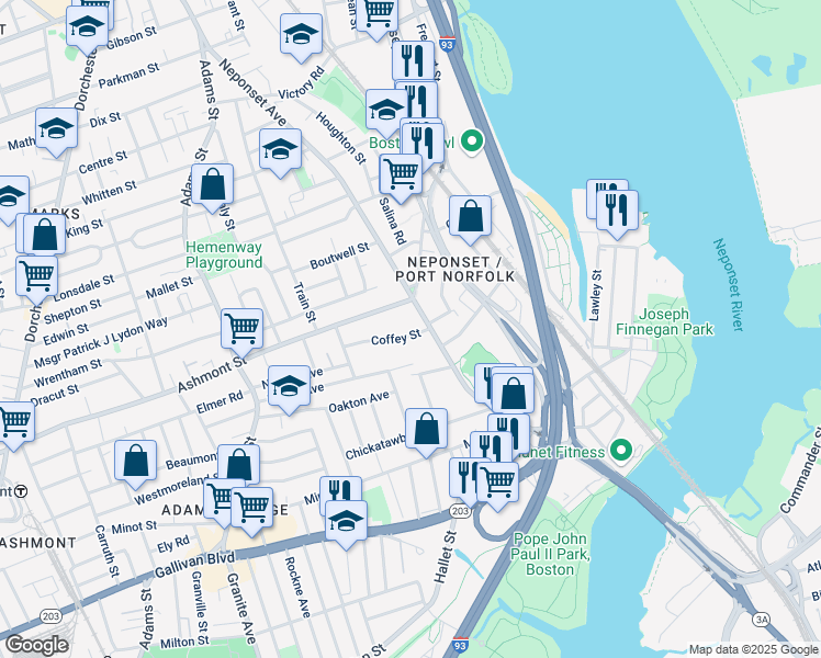 map of restaurants, bars, coffee shops, grocery stores, and more near 48 Coffey Street in Boston
