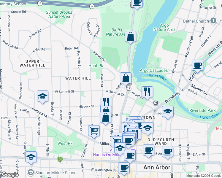 map of restaurants, bars, coffee shops, grocery stores, and more near 206 West Summit Street in Ann Arbor