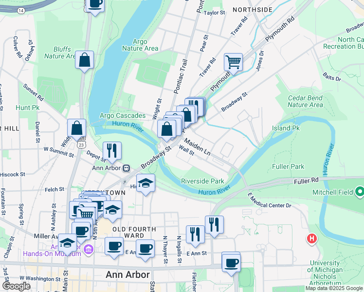 map of restaurants, bars, coffee shops, grocery stores, and more near 909 Wall Street in Ann Arbor