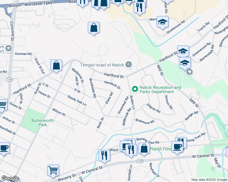 map of restaurants, bars, coffee shops, grocery stores, and more near 21 Hemlock Drive in Natick