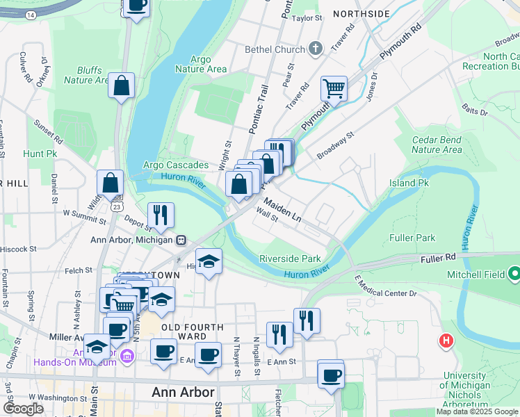 map of restaurants, bars, coffee shops, grocery stores, and more near 915 Wall Street in Ann Arbor