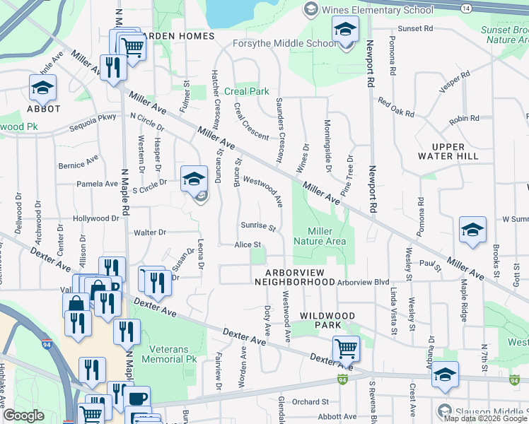 map of restaurants, bars, coffee shops, grocery stores, and more near 810 Sunrise Court in Ann Arbor