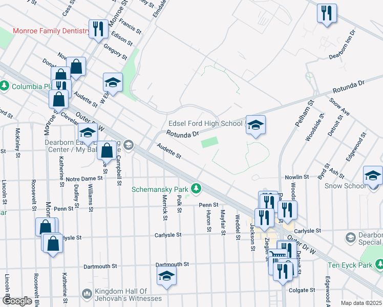 map of restaurants, bars, coffee shops, grocery stores, and more near 20725 Donaldson Street in Dearborn