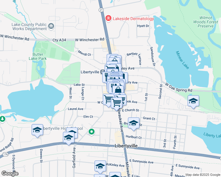 map of restaurants, bars, coffee shops, grocery stores, and more near 117 Lake Street in Libertyville