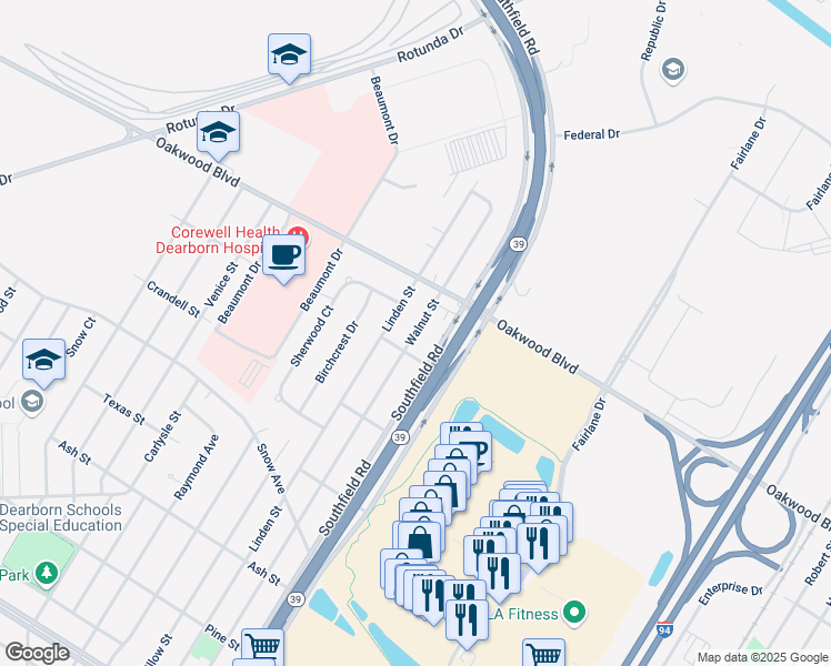 map of restaurants, bars, coffee shops, grocery stores, and more near 1420 Walnut St in Dearborn