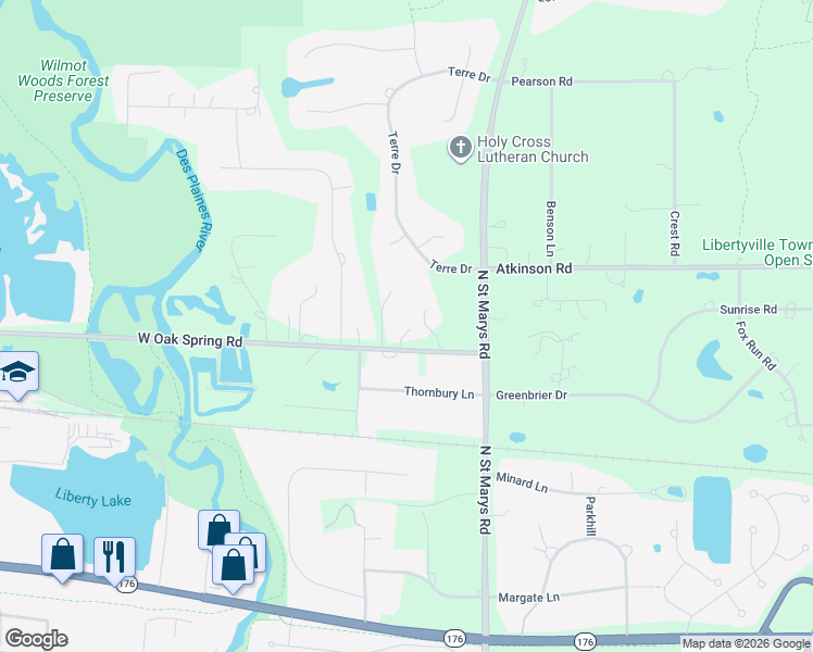 map of restaurants, bars, coffee shops, grocery stores, and more near 15170 West Oak Spring Road in Libertyville