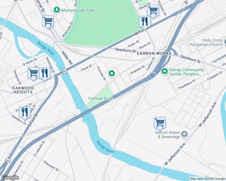 map of restaurants, bars, coffee shops, grocery stores, and more near 125 South Forman Street in Detroit