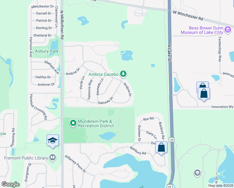 map of restaurants, bars, coffee shops, grocery stores, and more near 541 Salceda Lane in Mundelein