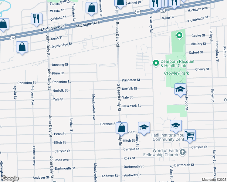 map of restaurants, bars, coffee shops, grocery stores, and more near 25841 Norfolk Street in Inkster