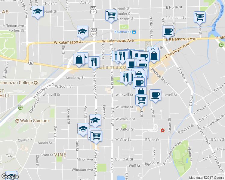 map of restaurants, bars, coffee shops, grocery stores, and more near 333 S Park St in Kalamazoo Township