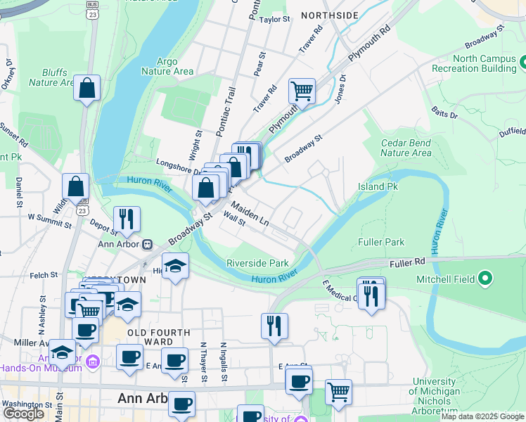 map of restaurants, bars, coffee shops, grocery stores, and more near 959 Maiden Lane in Ann Arbor
