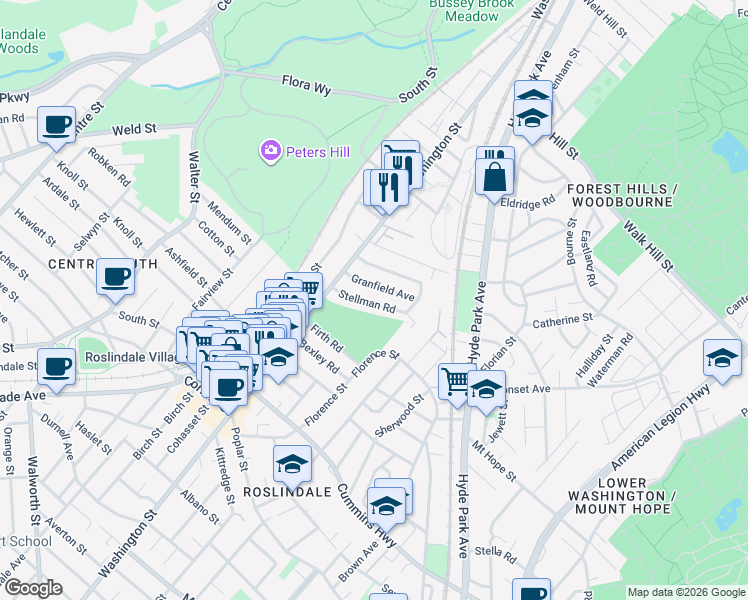 map of restaurants, bars, coffee shops, grocery stores, and more near 31 Granfield Avenue in Boston