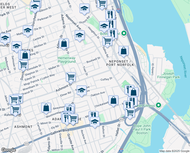 map of restaurants, bars, coffee shops, grocery stores, and more near 555 Ashmont Street in Boston