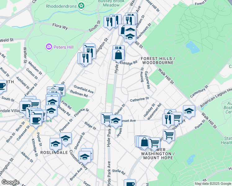 map of restaurants, bars, coffee shops, grocery stores, and more near 340 Hyde Park Avenue in Boston