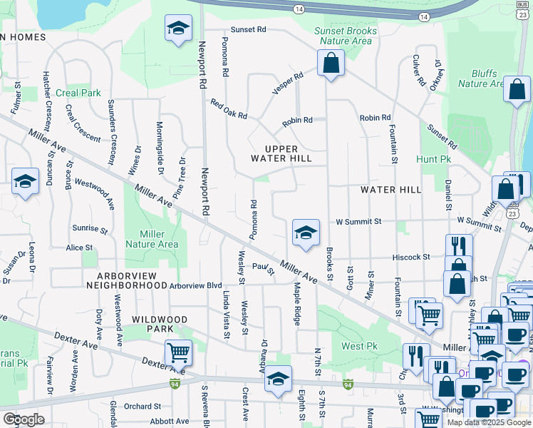 map of restaurants, bars, coffee shops, grocery stores, and more near 1127 Wendy Road in Ann Arbor