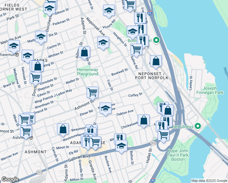 map of restaurants, bars, coffee shops, grocery stores, and more near 176 Train Street in Boston