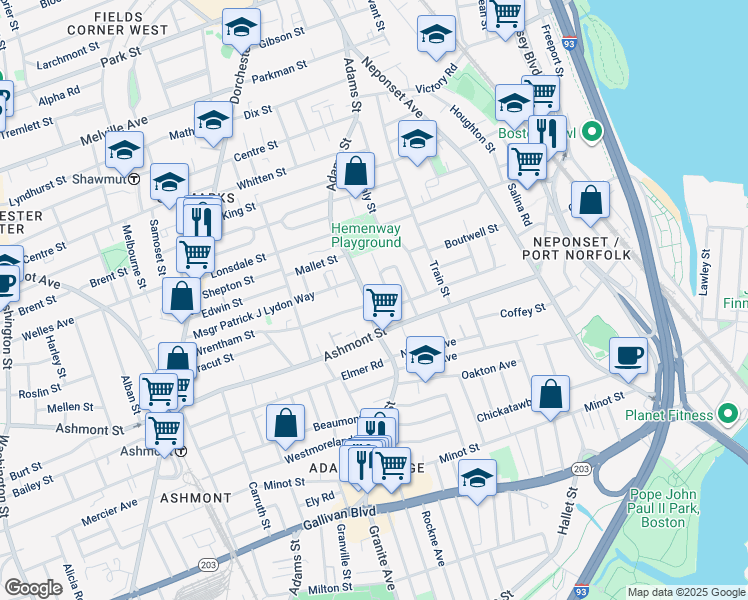 map of restaurants, bars, coffee shops, grocery stores, and more near 10 Auriga Street in Boston
