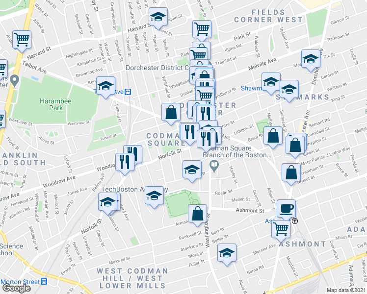 map of restaurants, bars, coffee shops, grocery stores, and more near 41 Norfolk Street in Boston