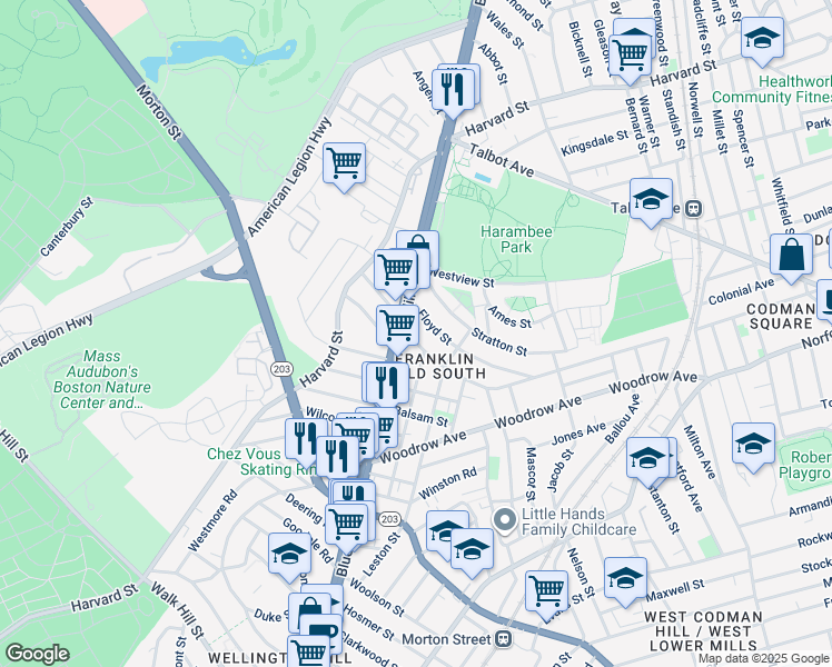 map of restaurants, bars, coffee shops, grocery stores, and more near 999 Blue Hill Avenue in Boston