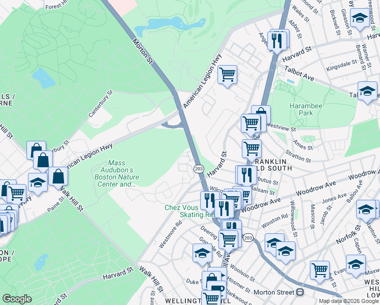 map of restaurants, bars, coffee shops, grocery stores, and more near 102 Lark Drive in Boston