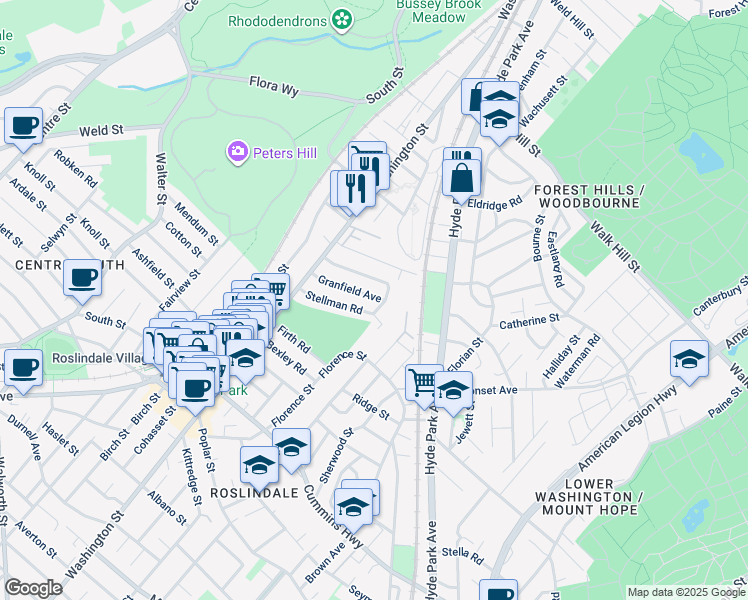 map of restaurants, bars, coffee shops, grocery stores, and more near 40 Granfield Avenue in Boston