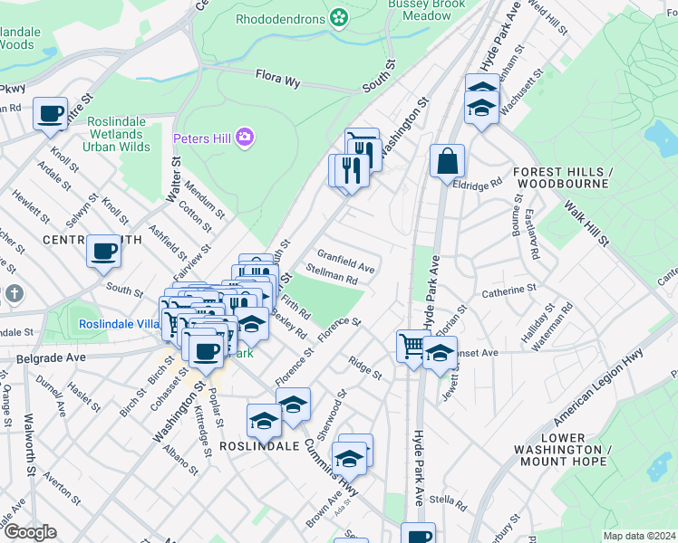 map of restaurants, bars, coffee shops, grocery stores, and more near 31 Granfield Avenue in Boston