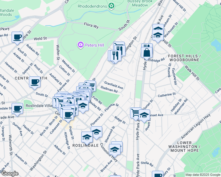 map of restaurants, bars, coffee shops, grocery stores, and more near 31 Granfield Avenue in Boston