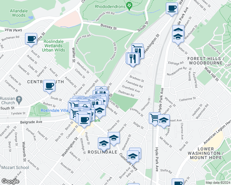 map of restaurants, bars, coffee shops, grocery stores, and more near 16 Stellman Road in Boston