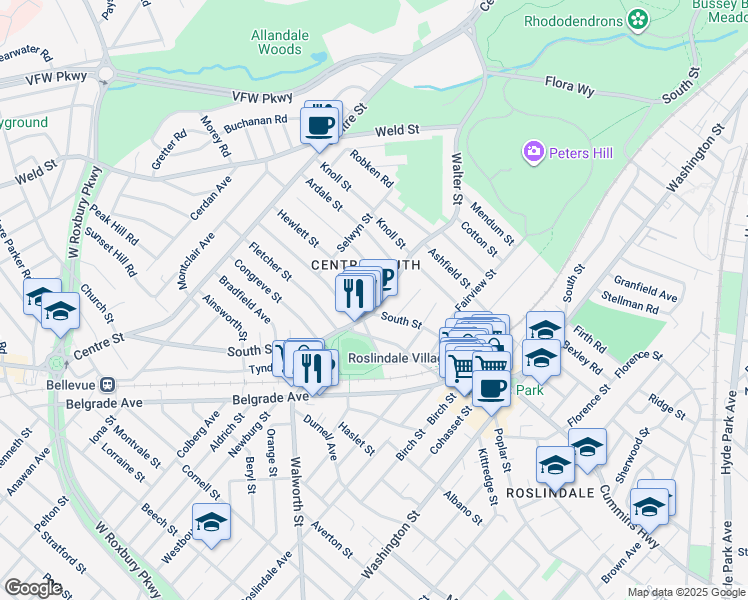 map of restaurants, bars, coffee shops, grocery stores, and more near 17 Hewlett Street in Boston