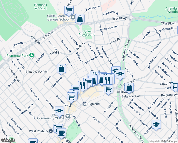 map of restaurants, bars, coffee shops, grocery stores, and more near 71 Redlands Road in Boston