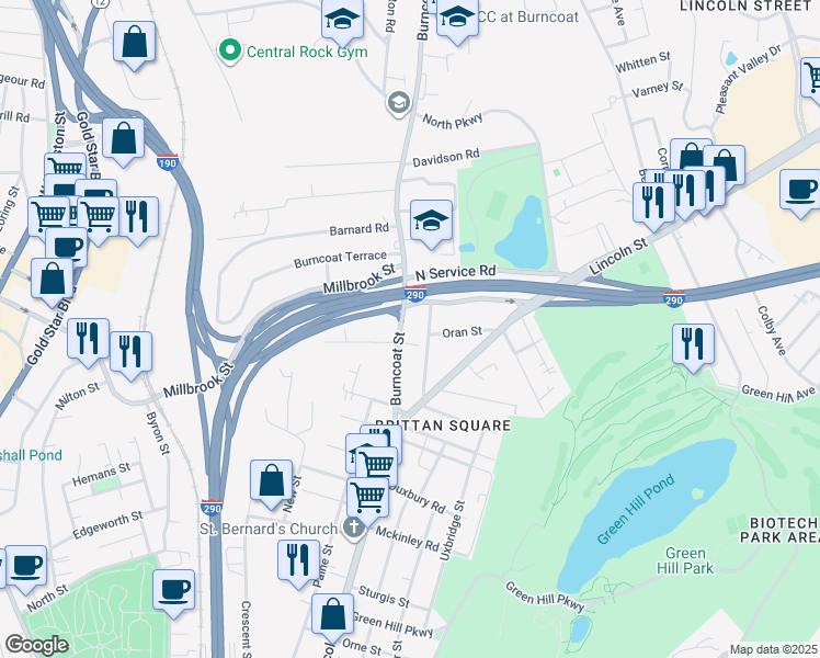 map of restaurants, bars, coffee shops, grocery stores, and more near 41 Burncoat Street in Worcester