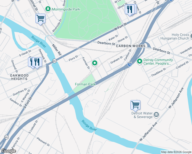 map of restaurants, bars, coffee shops, grocery stores, and more near 125 South Forman Street in Detroit