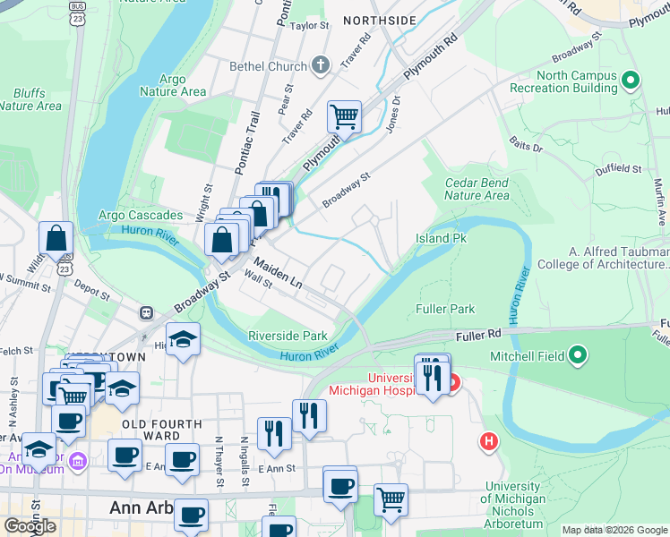 map of restaurants, bars, coffee shops, grocery stores, and more near 1129 Freesia Court in Ann Arbor