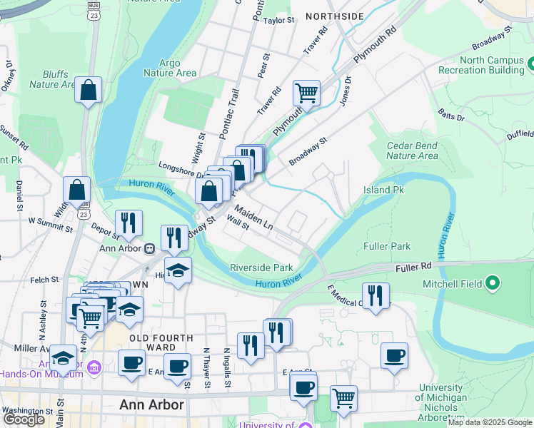 map of restaurants, bars, coffee shops, grocery stores, and more near 959 Maiden Lane in Ann Arbor