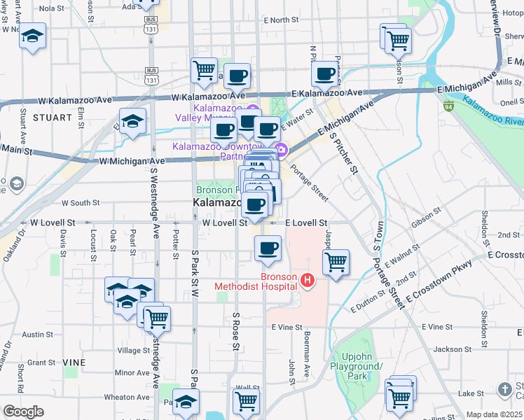 map of restaurants, bars, coffee shops, grocery stores, and more near 126 East South Street in Kalamazoo