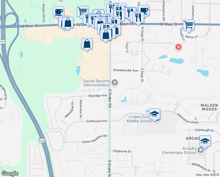 map of restaurants, bars, coffee shops, grocery stores, and more near 240 North Drake Road in Kalamazoo