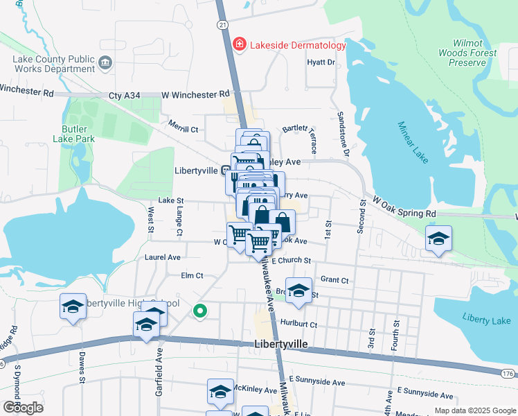 map of restaurants, bars, coffee shops, grocery stores, and more near 620 North Milwaukee Avenue in Libertyville