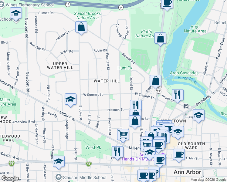 map of restaurants, bars, coffee shops, grocery stores, and more near 809 Hillcrest Drive in Ann Arbor