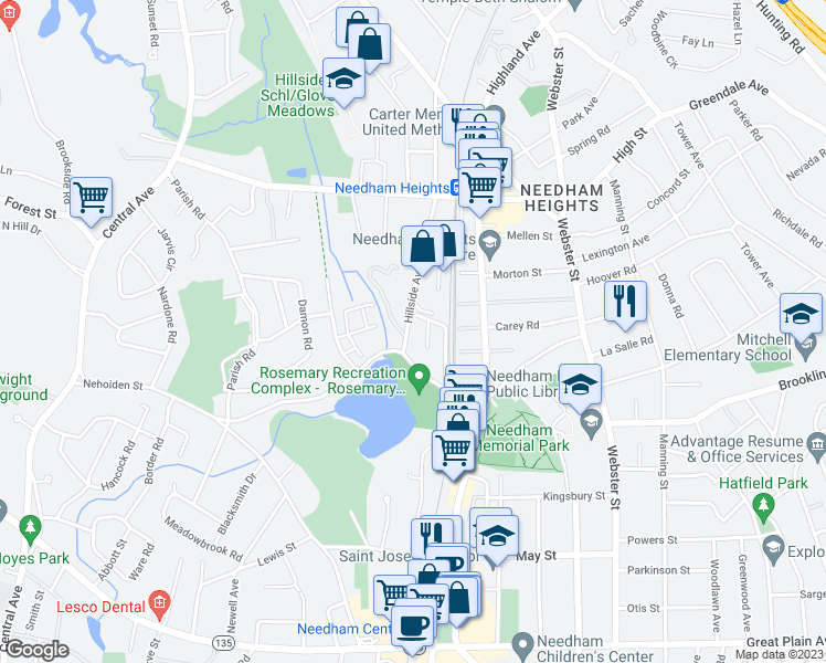 map of restaurants, bars, coffee shops, grocery stores, and more near 590 Hillside Avenue in Needham