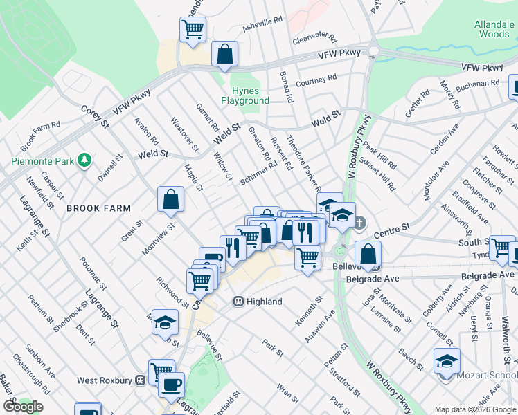 map of restaurants, bars, coffee shops, grocery stores, and more near 71 Redlands Road in Boston